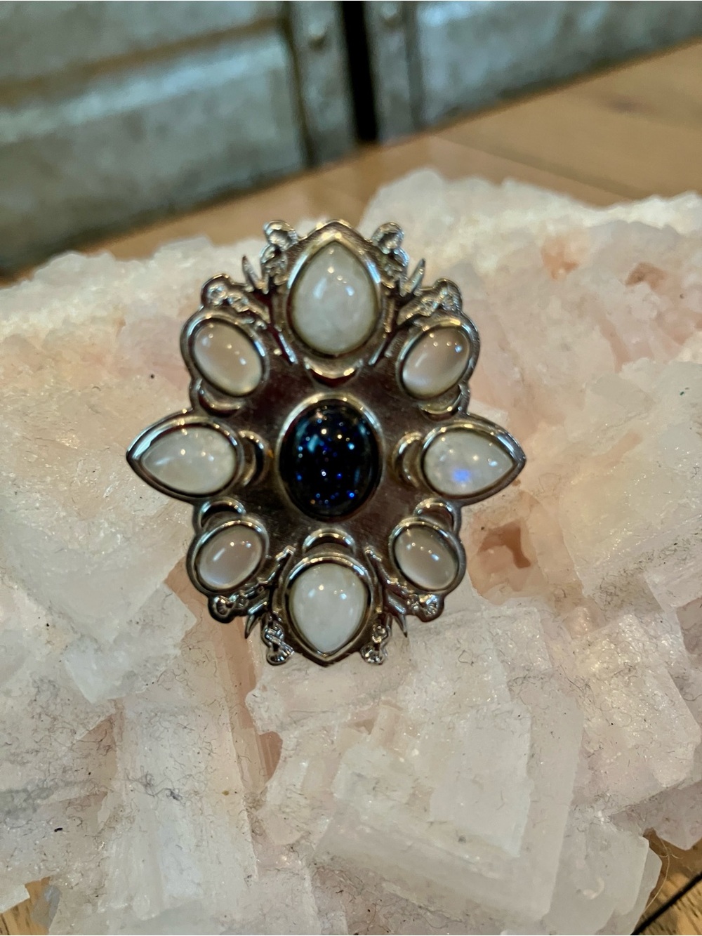 Silver Moonstone Ring with Deep Blue Opal Center